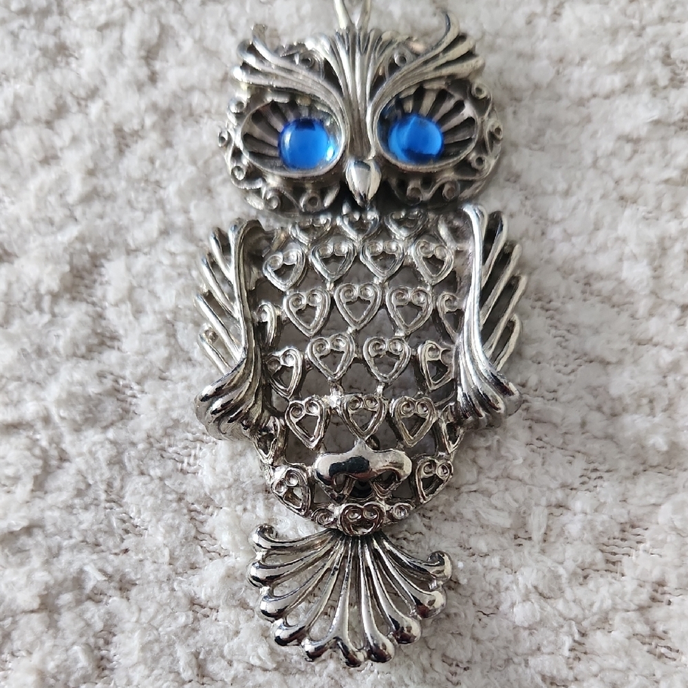 Silver Owl Pendant with Blue Accents